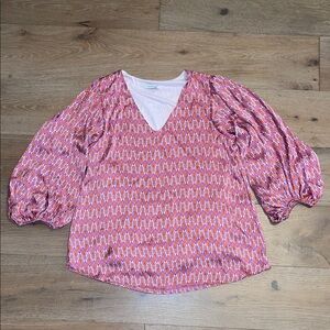 Summer 10  Pink and Orange Geometric Blouse balloon sleeve v neck long sleeve